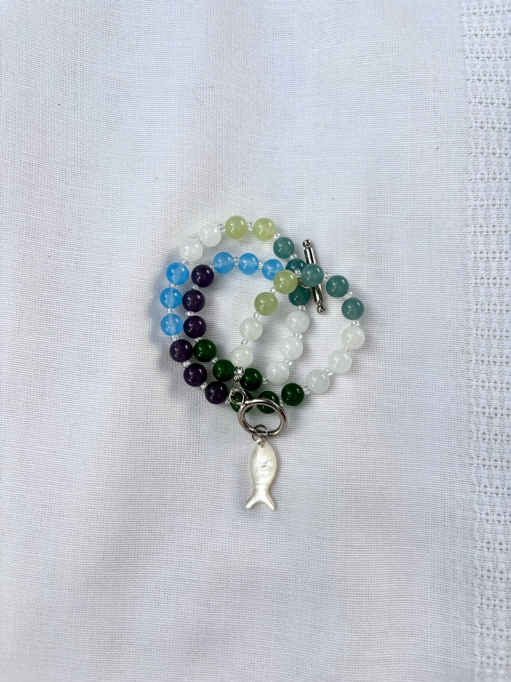 Handcrafted Blue, Green Bead Necklace Mother-of-Pearl Fish Charm 16.5 inches